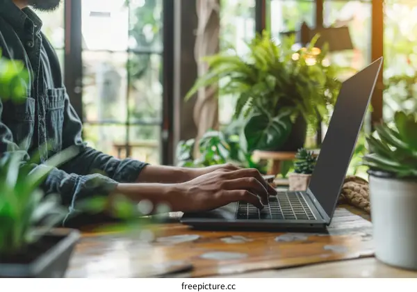A man is working on his laptop in a green office