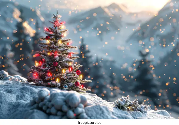 A stunning Christmas tree adorns a snowy winter forest
