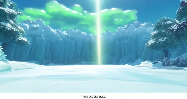 Snowy Mountain Landscape With Green Aurora Borealis