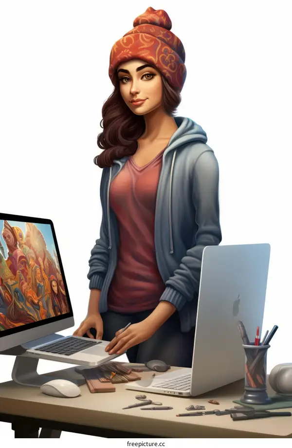 A young woman is sitting at a desk, working on her computer.