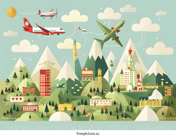 Flying Above the City with Snowy Mountains