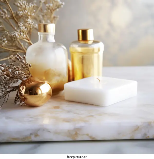 Luxury Skincare Bottles and Candle on Marble Table