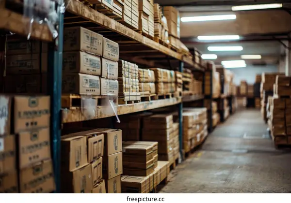 Warehouse full of cardboard boxes on shelves