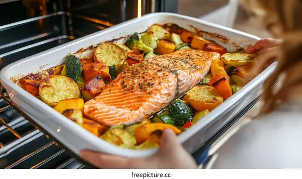 Baked Salmon with Roasted Vegetables in Oven Dish