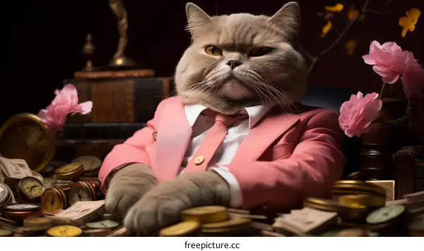 British Shorthair Cat in Suit and Tie, Surrounded by Money and Clocks