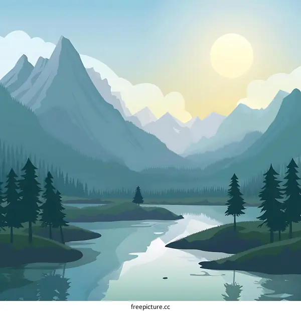 Mountain Landscape Illustration with River and Forest