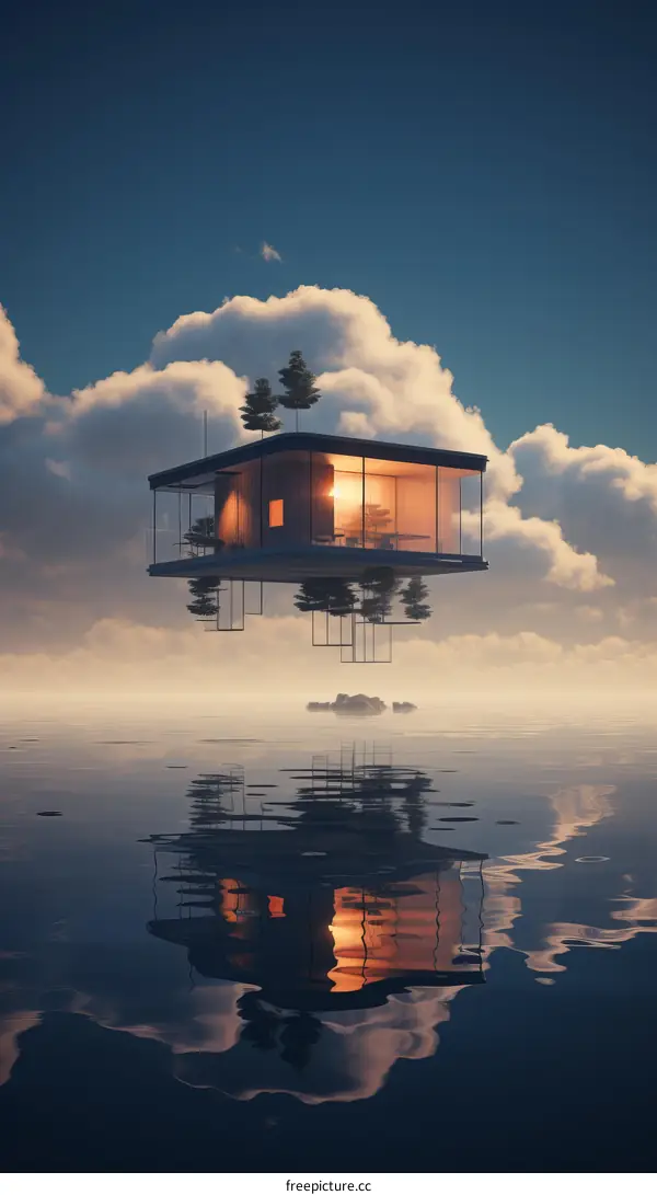 futuristic house floating above clouds and water