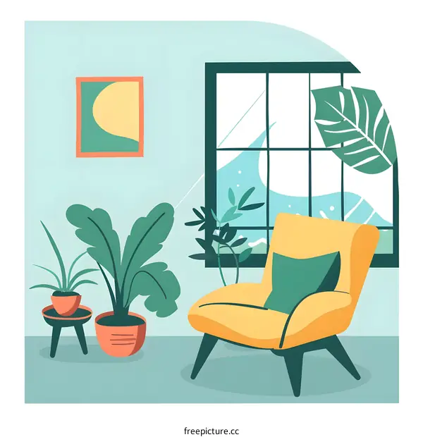 Cozy Living Room with Yellow Armchair and Green Plants