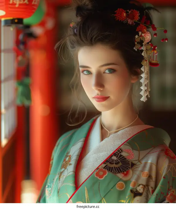 portrait of a beautiful young woman in a kimono with traditional japanese hairstyle and hair accessories