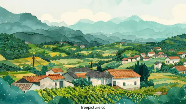 An illustration of a rural village in a valley surrounded by lush green mountains
