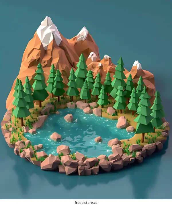 Low Poly Mountains with a Lake and Trees 3D Illustration