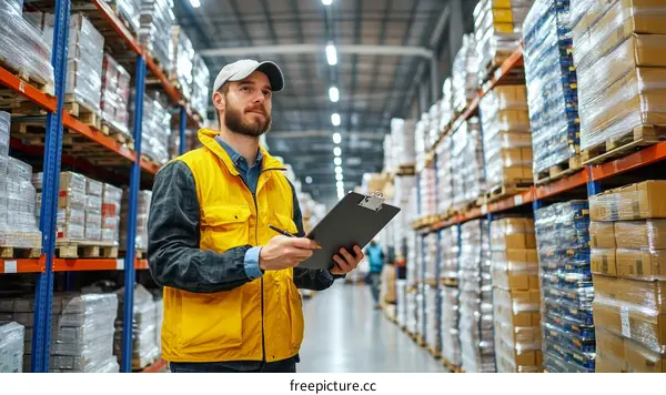 Warehouse Worker Checking Inventory in a Large Distribution Center