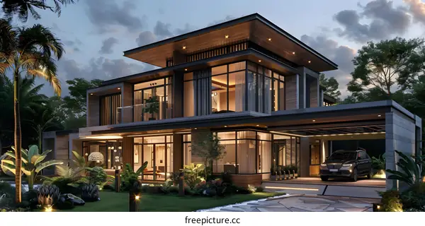 Modern House Design with Tropical Garden and Car