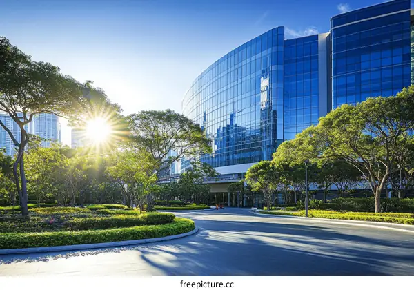 Modern Cityscape with Lush Greenery and Commercial Buildings