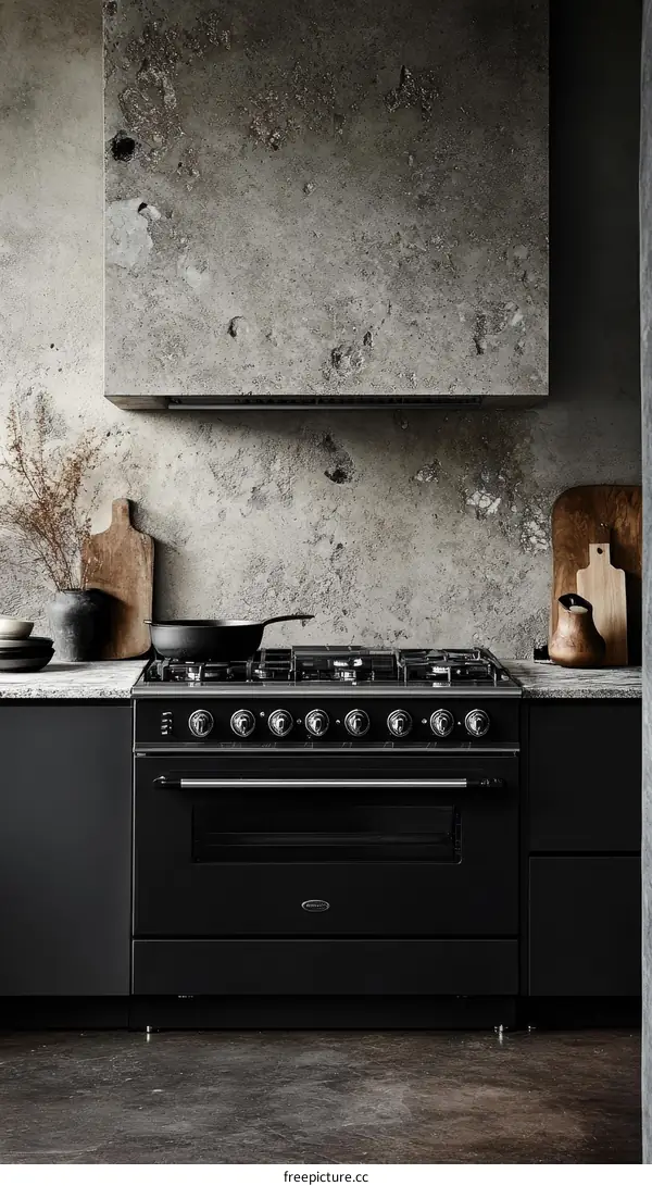 Modern Kitchen with Concrete Backsplash and Black Appliances