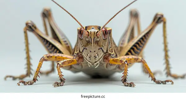 A macro photo of a brown and tan katydid