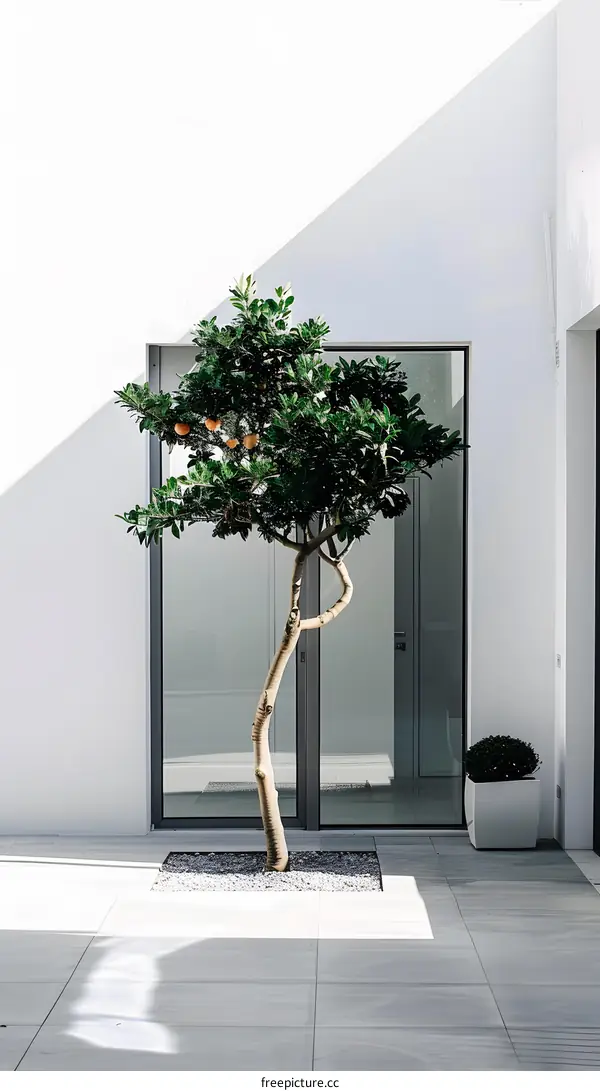 Minimalist White Wall House with Small Tree and Glass Door