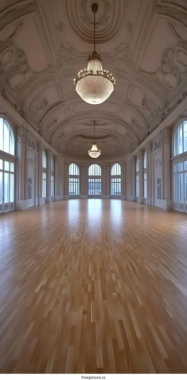 Empty Grand Ballroom with Chandeliers and Ornate Ceiling