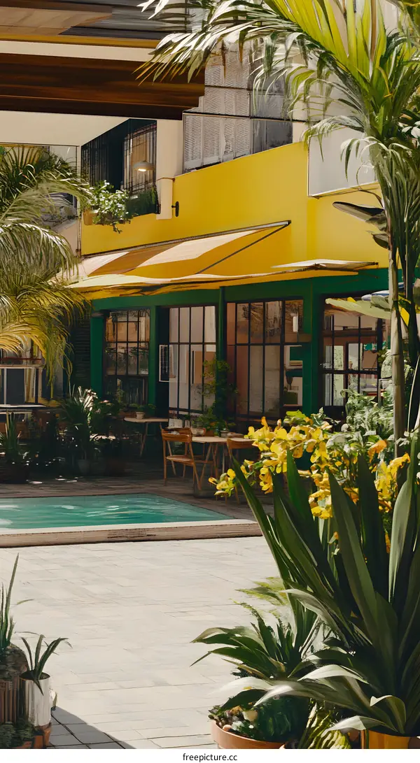 Yellow Building With Green Windows And A Swimming Pool In Front