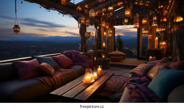 Cozy Moroccan style terrace with a view of the mountains at sunset