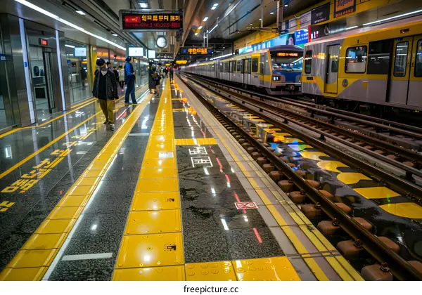 Yellow Platform at a Subway Station with Train in the Background