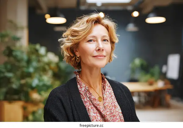 Mature woman with curly hair in modern office setting