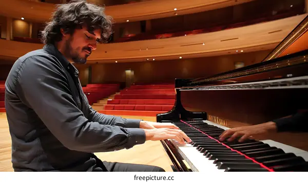 Concert Pianist Playing Piano in Auditorium