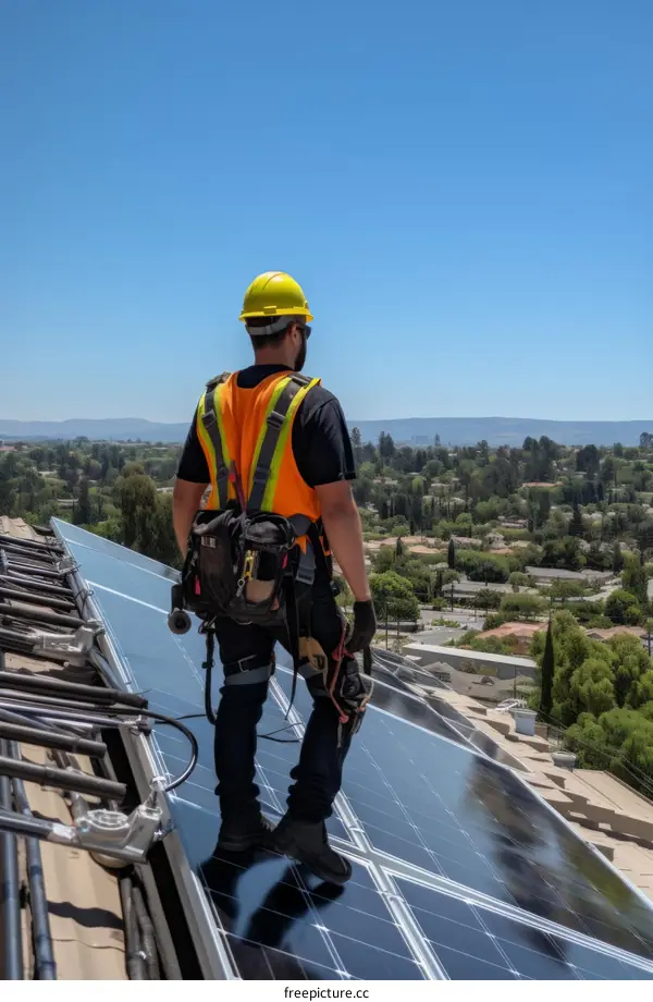 Hispanic man installing solar panels on a roof