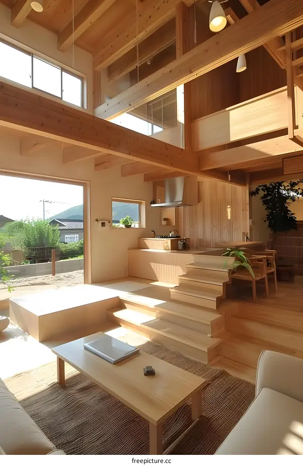 Modern Japanese Style Living Room With Wooden Beams And Open Floor Plan