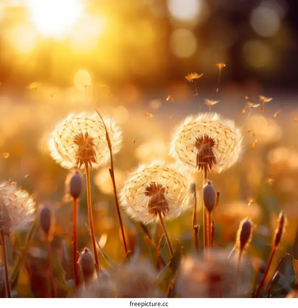 Dandelions in the meadow at sunset