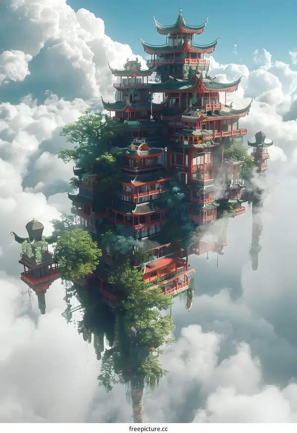 Floating Asian Temple in the Clouds