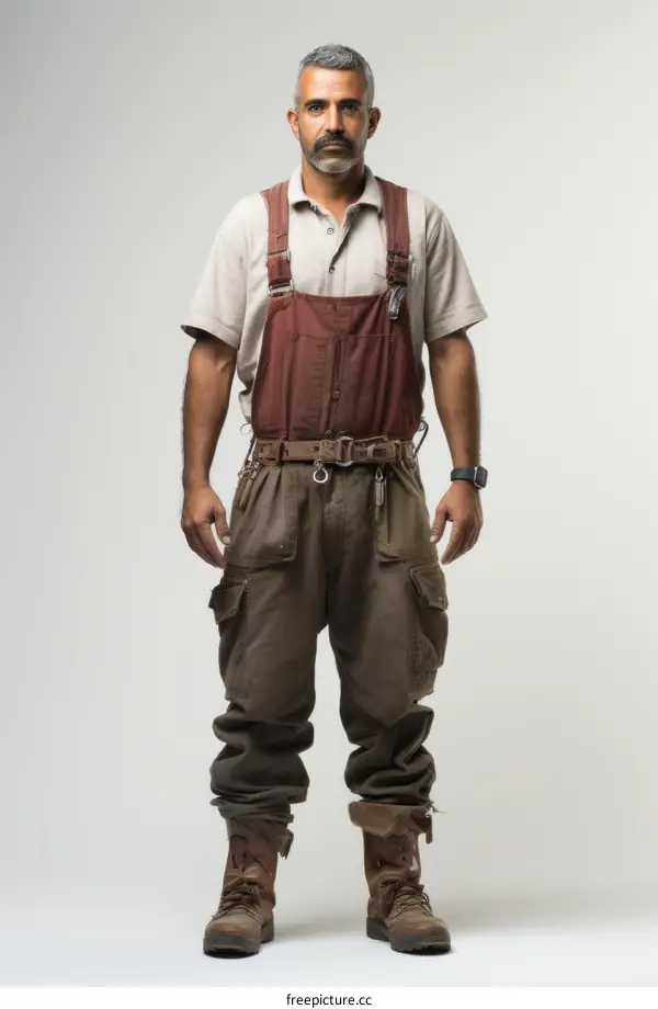 A man wearing a jumpsuit and boots is standing in front of a white background.