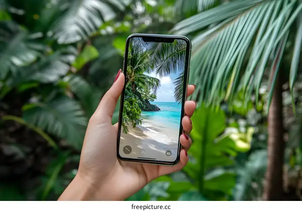 Woman Holding Phone Showing Tropical Beach Picture