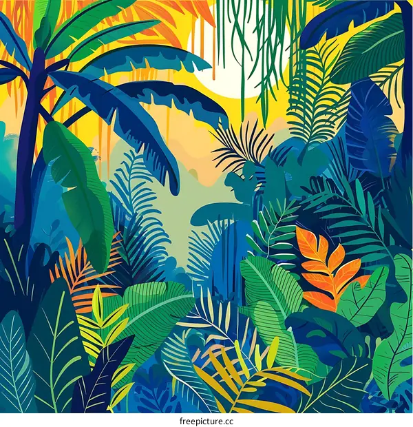 Tropical Jungle Landscape with Lush Greenery and a Sun