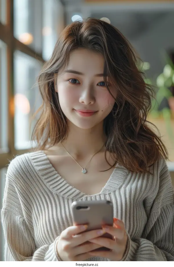 An Asian woman is using a smartphone and smiling