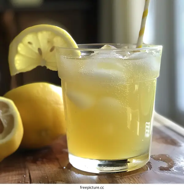 Glass of Refreshing Lemonade with Lemon Slices and Ice