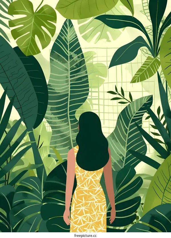Woman Standing in Tropical Leaves Illustration