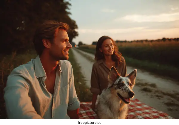 Couple Relaxing Outdoors with Dog at Sunset