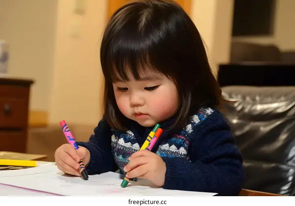 Little Girl Drawing with Crayons on Paper