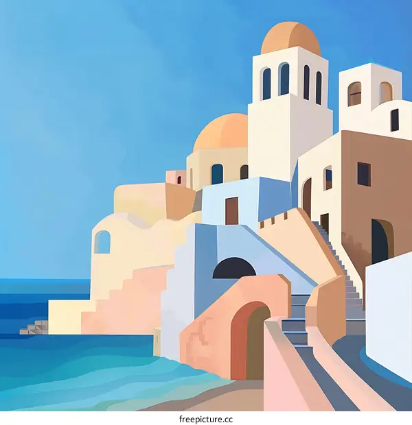 Illustration of Greek Island Village with White Buildings