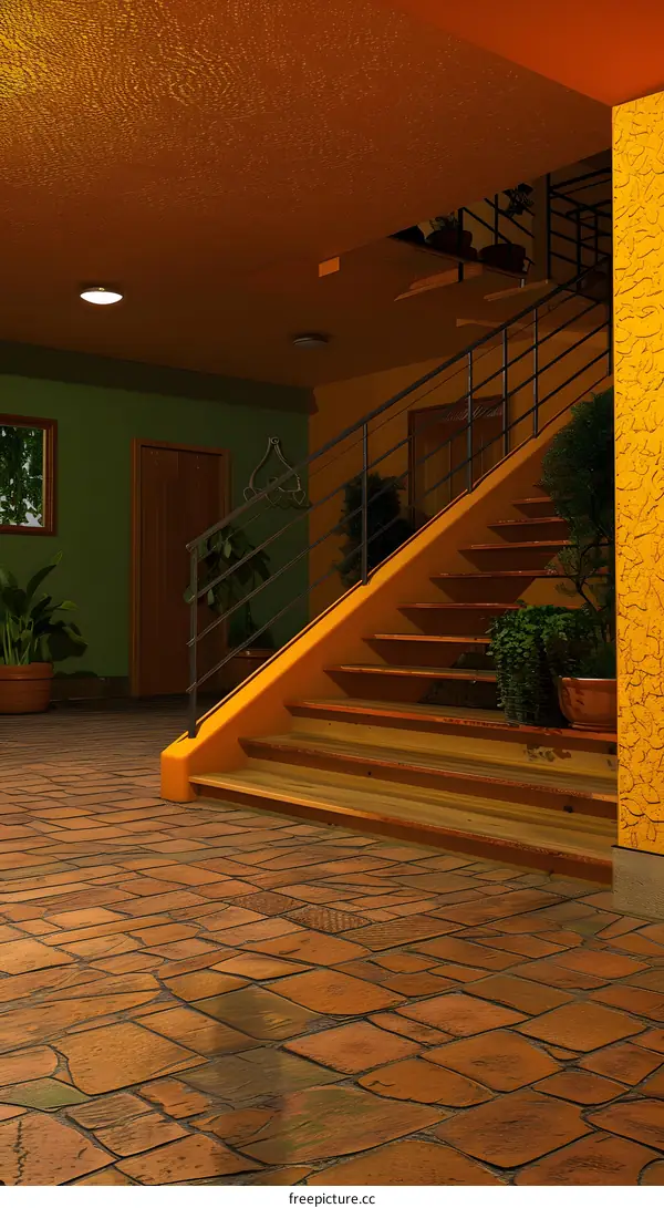 Orange and Green Staircase in a Modern House
