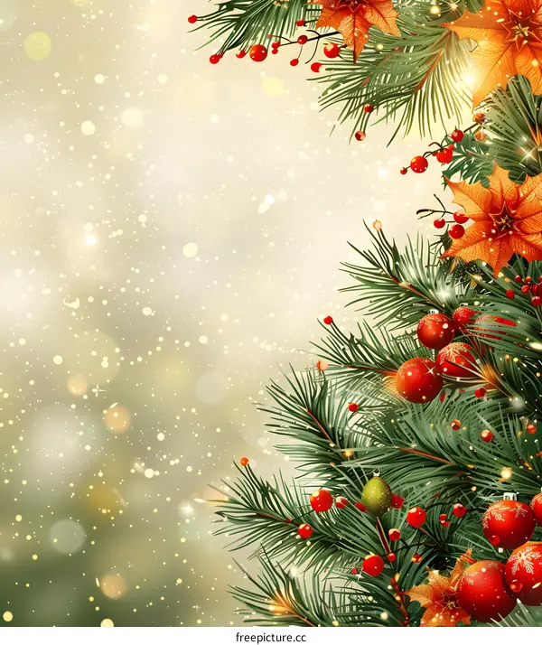 Christmas background with fir branches and red and gold balls