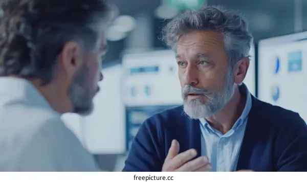 Business Meeting: Two Men Discussing Work in an Office