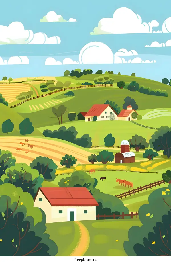 Rural Landscape With Rolling Hills and Farmhouses