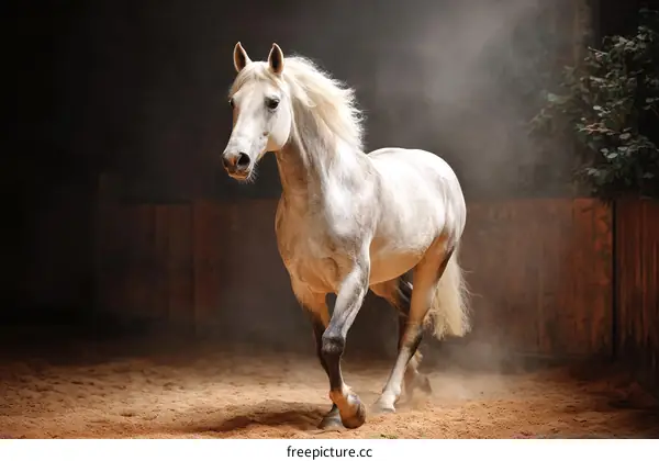 Majestic White Horse in Equestrian Arena
