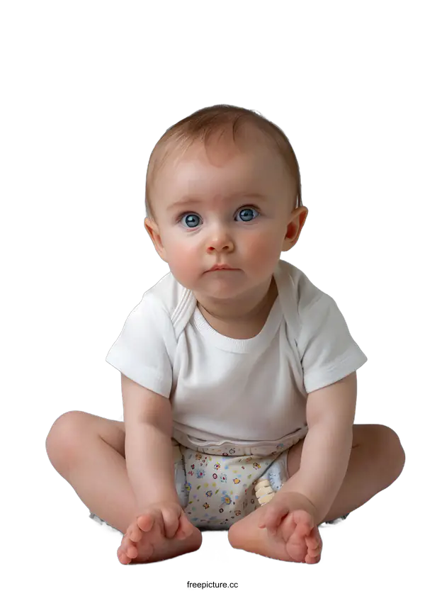 [Transparent Background PNG]Adorable Baby Girl with Big Blue Eyes Sitting on White Blanket
