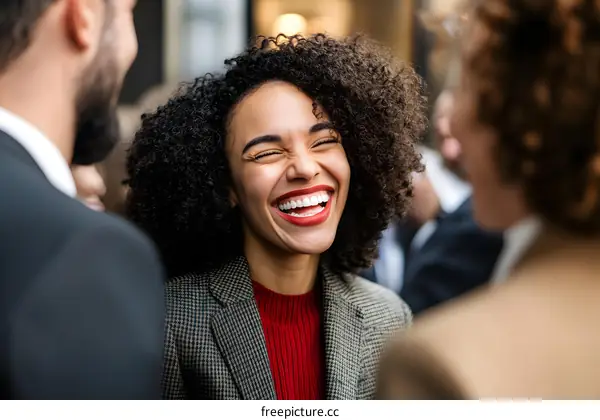 Smiling Woman in Business Attire at Networking Event