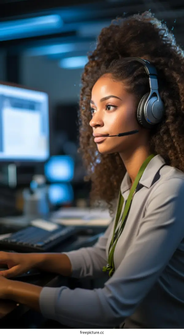 A young woman of African descent wearing a headset works at a computer in a dimly lit office.