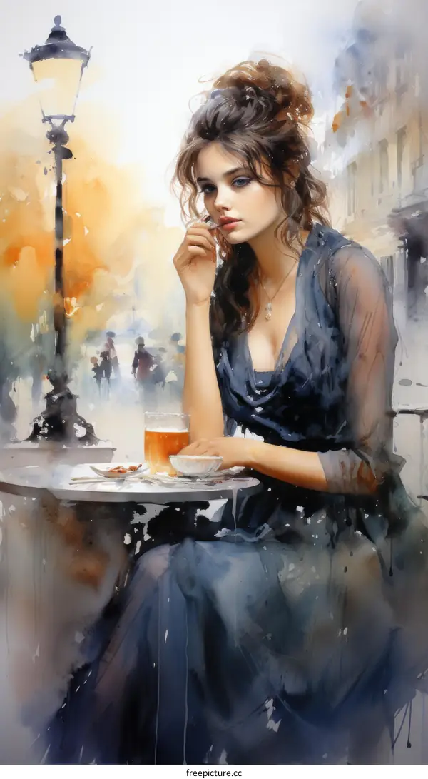 Elegant Lady Enjoying Tea at a Parisian Cafe
