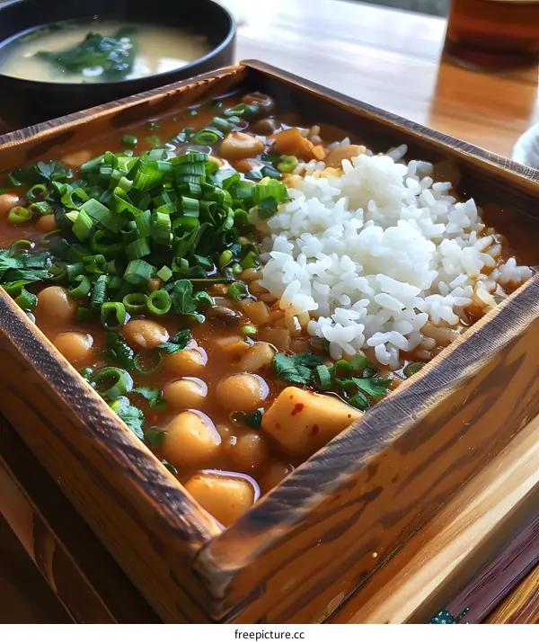 Japanese Food Stewed Beans With Rice And Green Onions